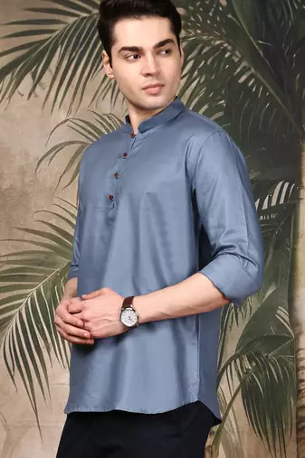 grey silk blend embroidered Short kurta for men