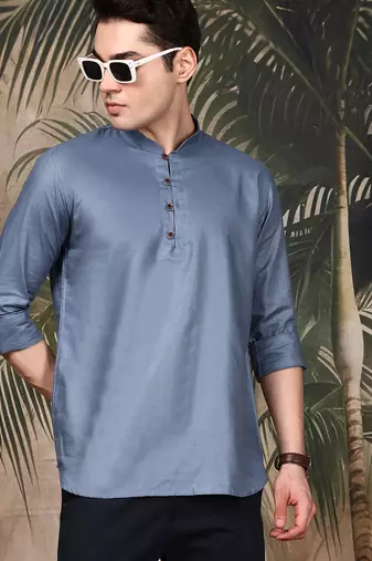 grey silk blend embroidered Short kurta for men