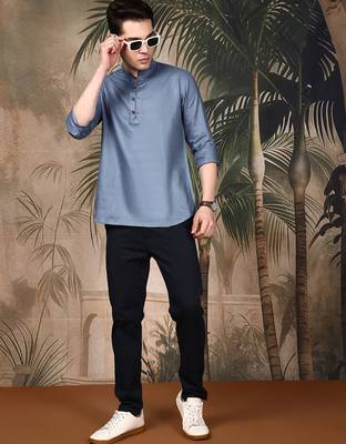 grey silk blend embroidered Short kurta for men 5