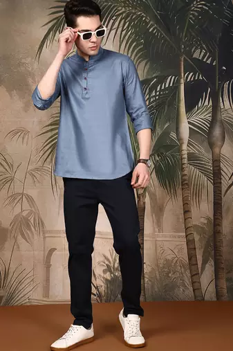 grey silk blend embroidered Short kurta for men