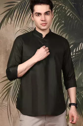 Green silk blend embroidered Short kurta for men