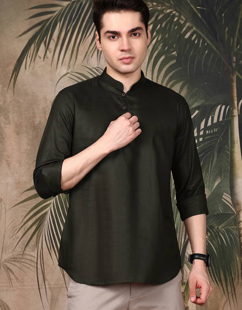 Green silk blend embroidered Short kurta for men