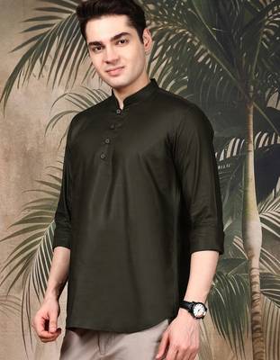Green silk blend embroidered Short kurta for men 2