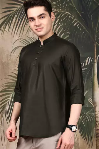 Green silk blend embroidered Short kurta for men