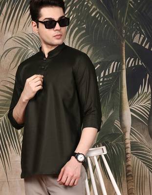 Green silk blend embroidered Short kurta for men 3