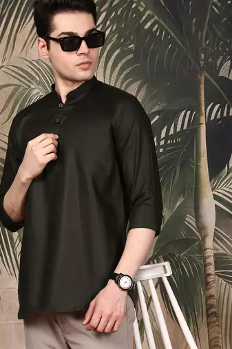 Green silk blend embroidered Short kurta for men