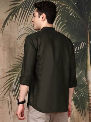Green silk blend embroidered Short kurta for men 4