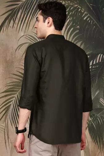 Green silk blend embroidered Short kurta for men