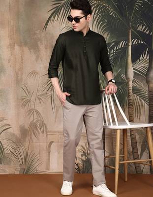 Green silk blend embroidered Short kurta for men 5