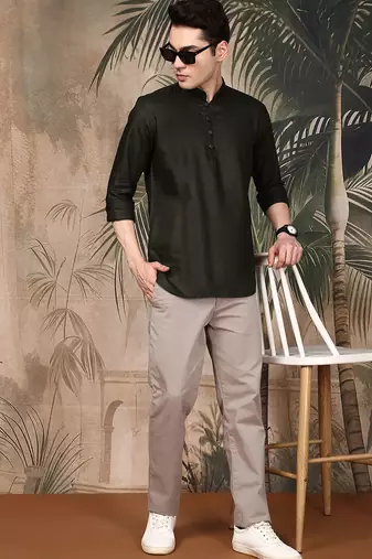 Green silk blend embroidered Short kurta for men