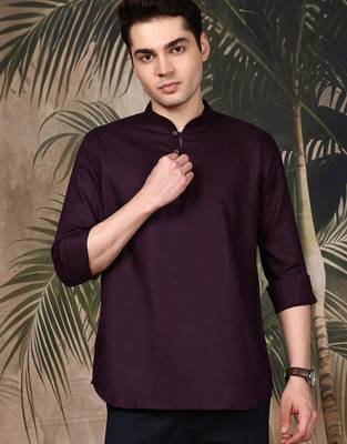Purple silk blend embroidered Short kurta for men 1