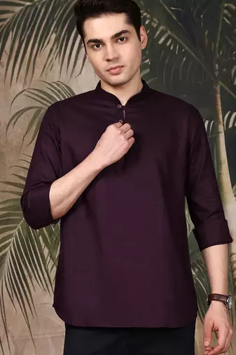 Purple silk blend embroidered Short kurta for men