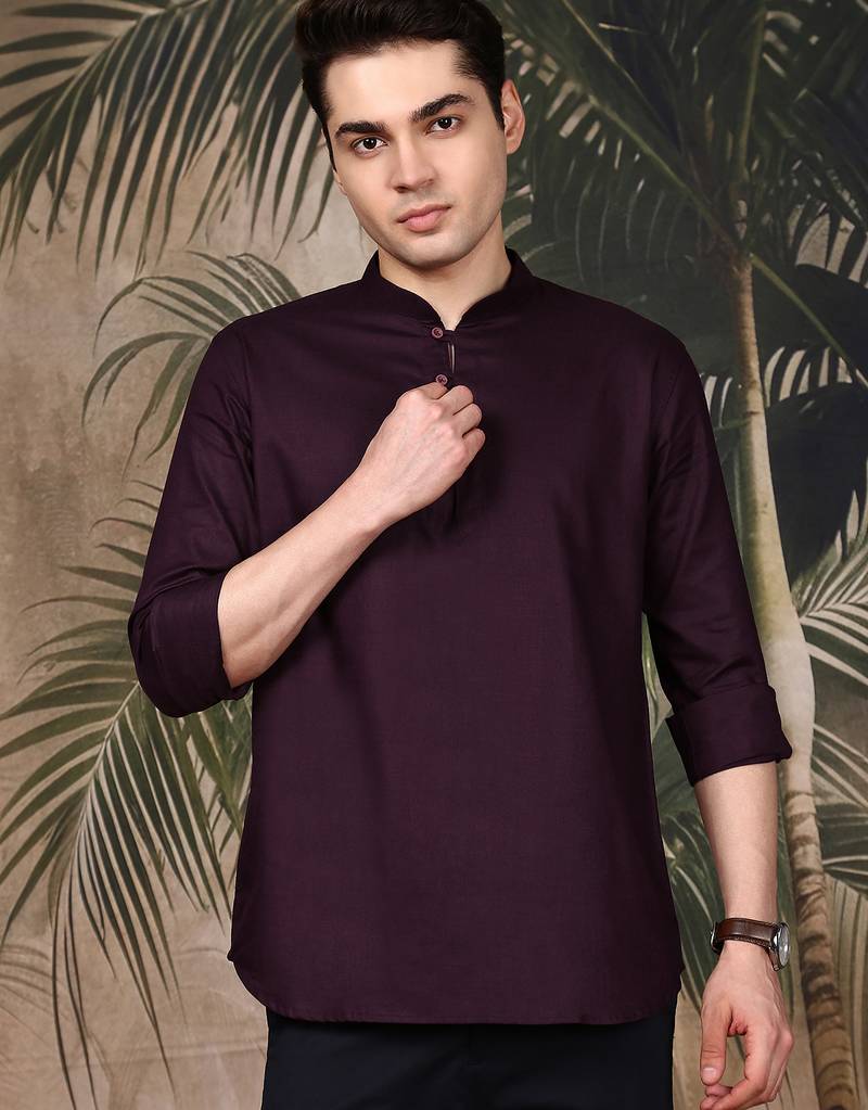 Purple silk blend embroidered Short kurta for men