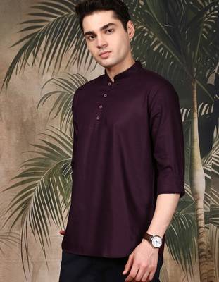 Purple silk blend embroidered Short kurta for men 2