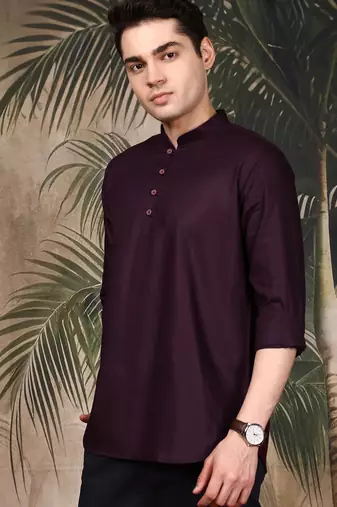 Purple silk blend embroidered Short kurta for men