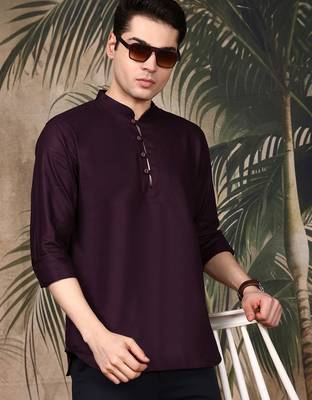 Purple silk blend embroidered Short kurta for men 3
