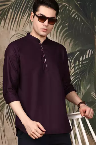 Purple silk blend embroidered Short kurta for men