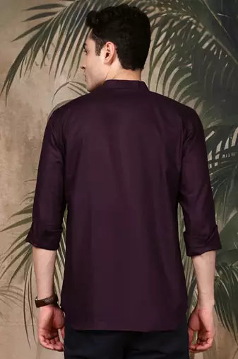 Purple silk blend embroidered Short kurta for men