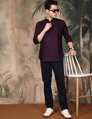 Purple silk blend embroidered Short kurta for men 5