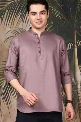 Brown silk blend embroidered Short kurta for men