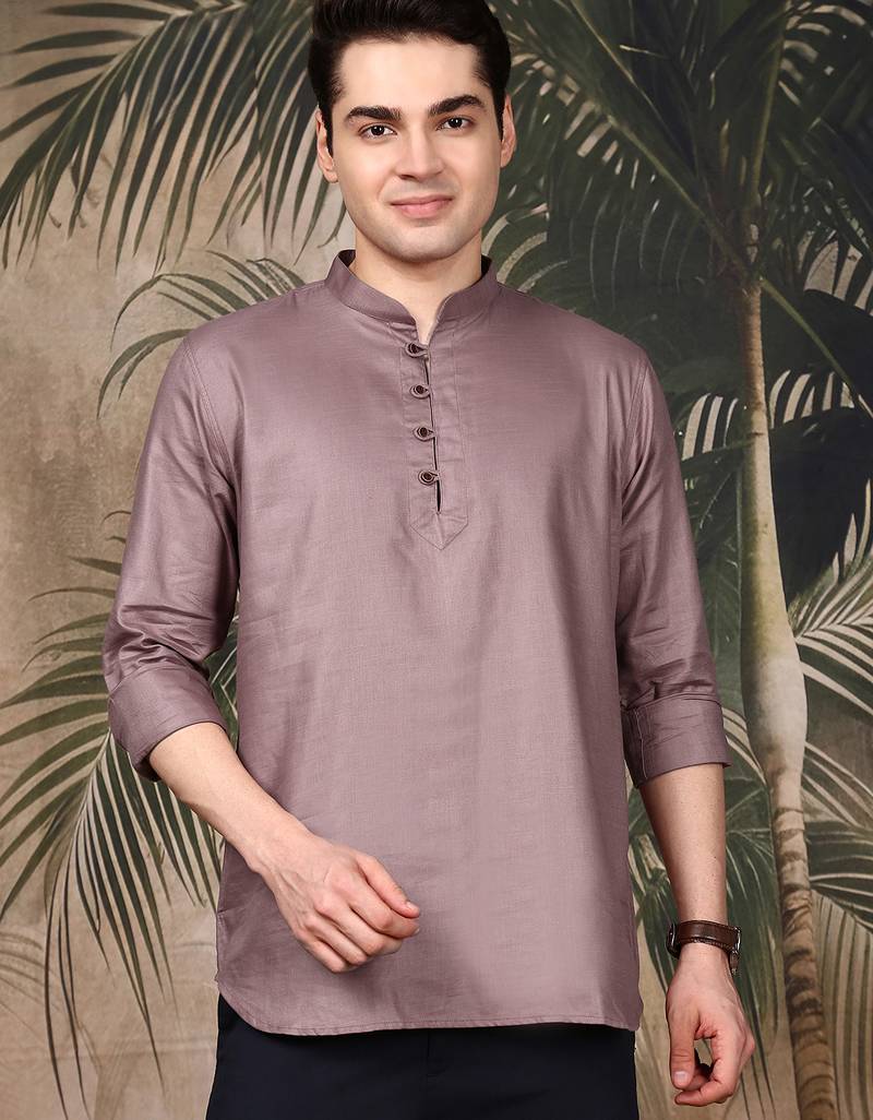 Brown silk blend embroidered Short kurta for men