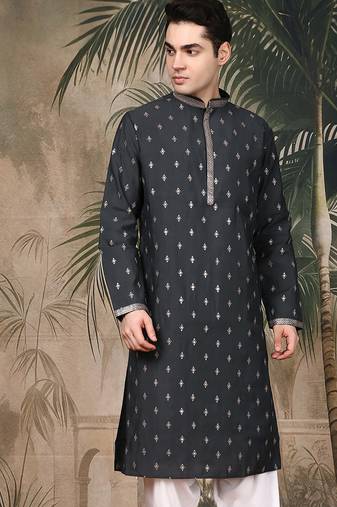 Grey silk blend embroidered kurta for men