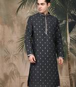 Grey silk blend embroidered kurta for men
