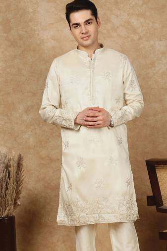 Beige rayon floral kurta for men