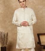 Beige rayon floral kurta for men