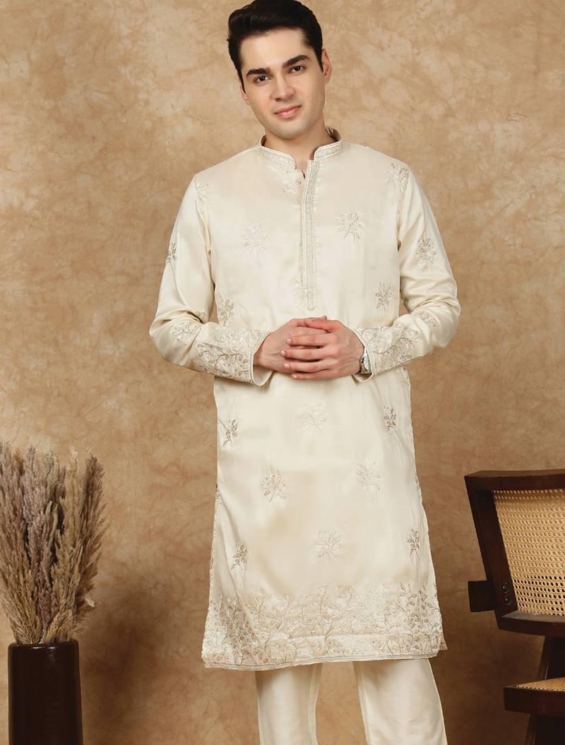 Beige rayon floral kurta for men