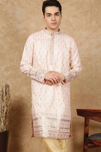 Pink rayon floral kurta for men