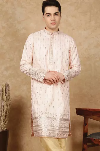 Pink rayon floral kurta for men