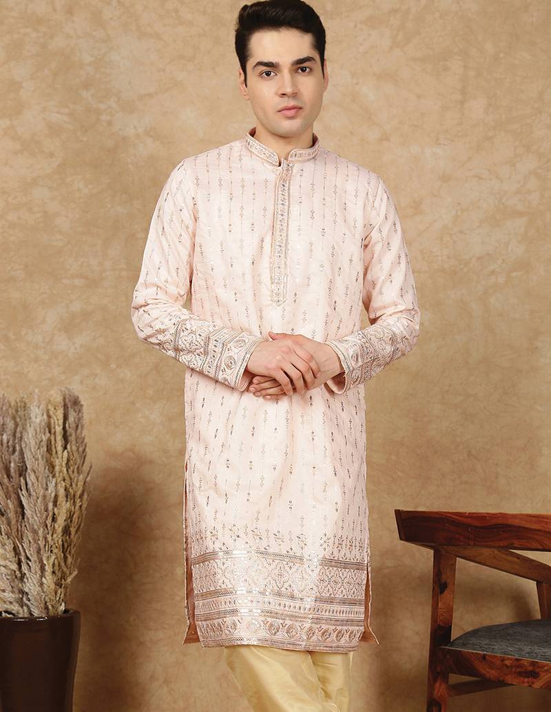 Pink rayon floral kurta for men
