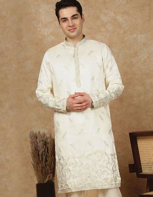 Cream polysilk sequins kurta for men 1