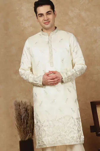 Cream polysilk sequins kurta for men