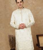 Cream polysilk sequins kurta for men