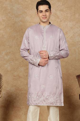 Red rayon floral kurta for men