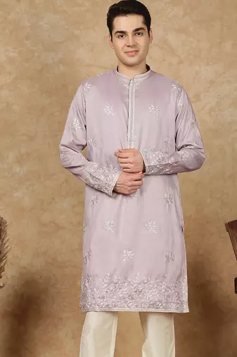 Red rayon floral kurta for men