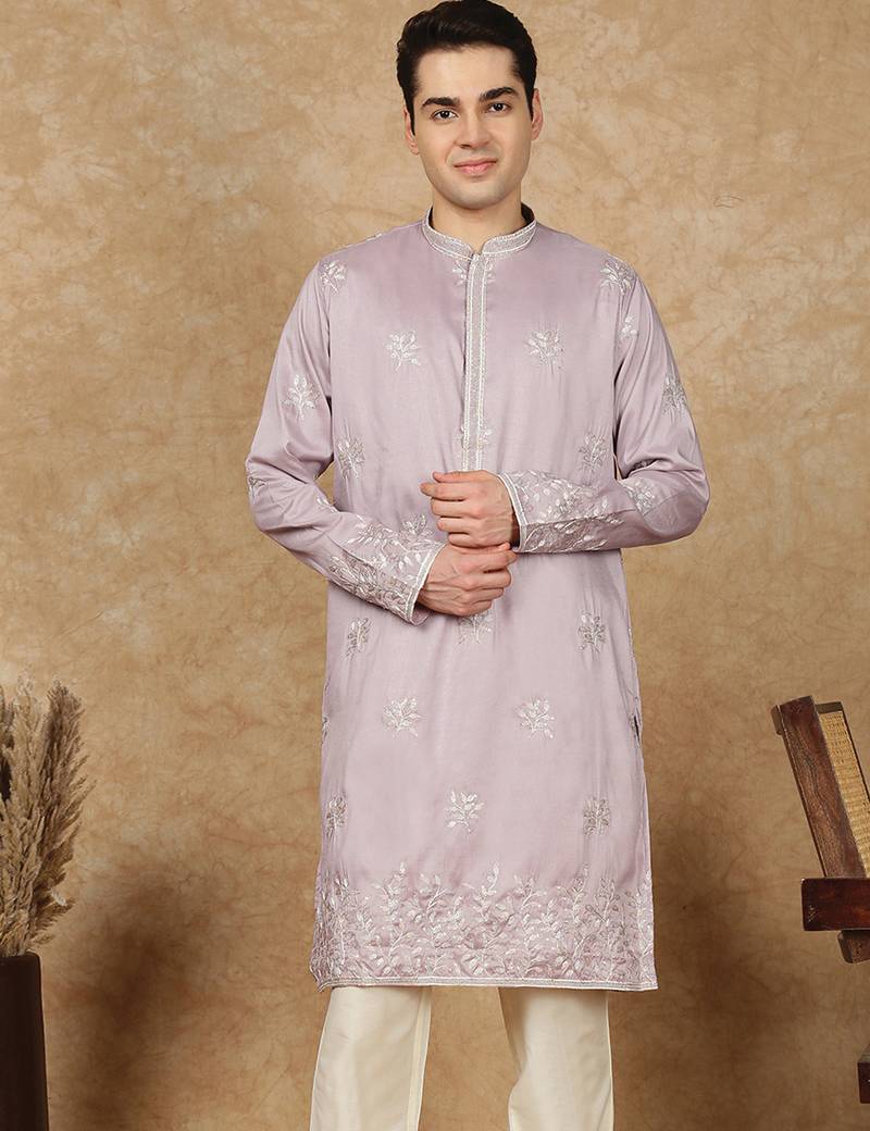 Red rayon floral kurta for men