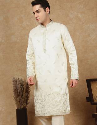 Cream polysilk sequins kurta for men 3