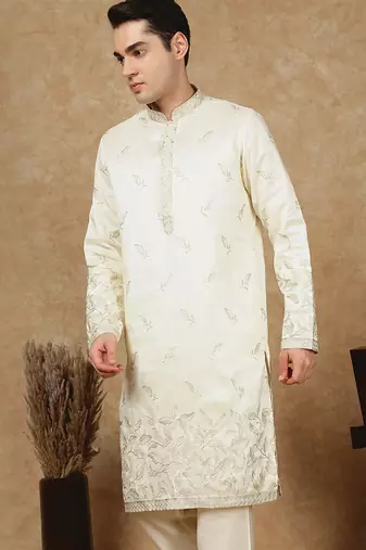 Cream polysilk sequins kurta for men