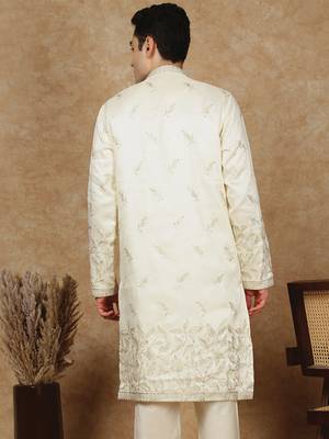Cream polysilk sequins kurta for men 4