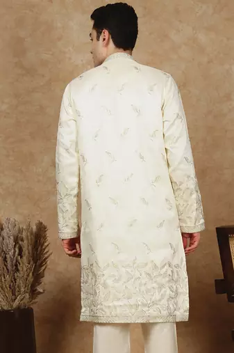 Cream polysilk sequins kurta for men