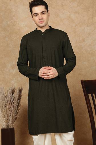 Green jaquard floral kurta for men