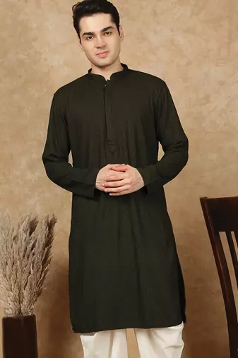 Green jaquard floral kurta for men