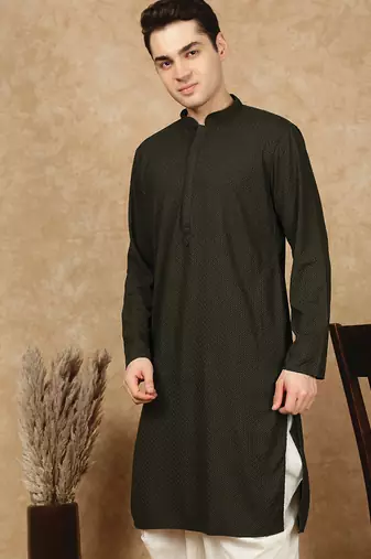 Green jaquard floral kurta for men