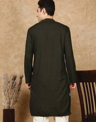 Green jaquard floral kurta for men 4