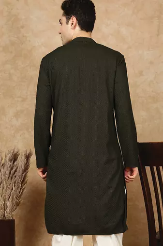 Green jaquard floral kurta for men