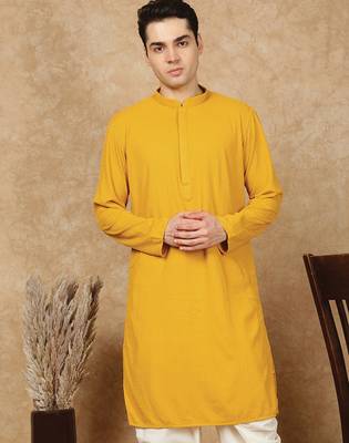 Mustard jaquard floral kurta for men 1