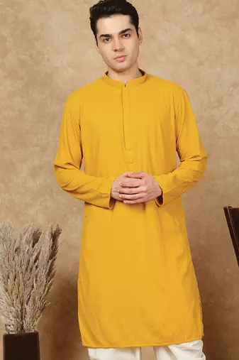 Mustard jaquard floral kurta for men